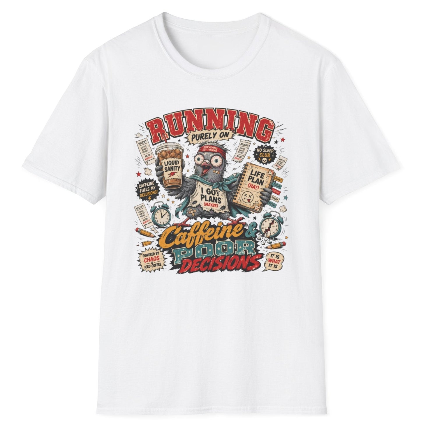 Running Purely On Caffeine T-Shirt — Funny Coffee Owl Graphic Tee