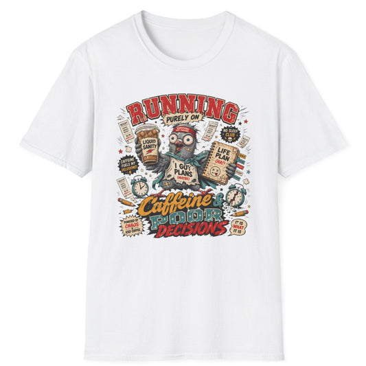 Running Purely On Caffeine T-Shirt — Funny Coffee Owl Graphic Tee