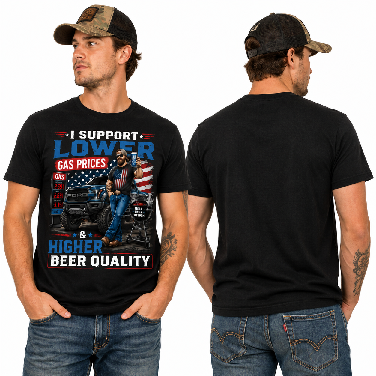 I Support Lower Gas Prices & Higher Beer Quality T-Shirt — Patriotic Truck, Beer Lover Tee