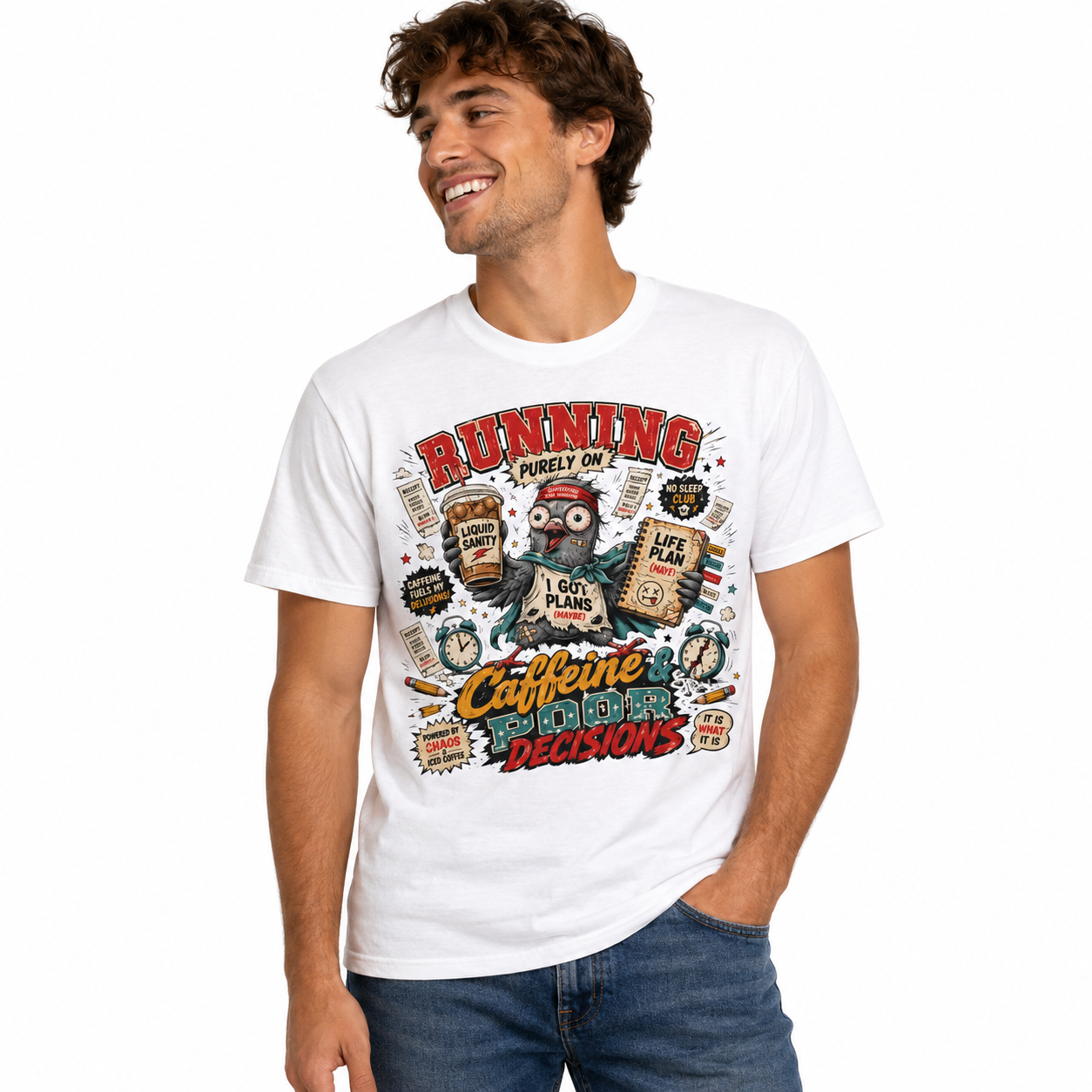 Running Purely On Caffeine T-Shirt — Funny Coffee Owl Graphic Tee